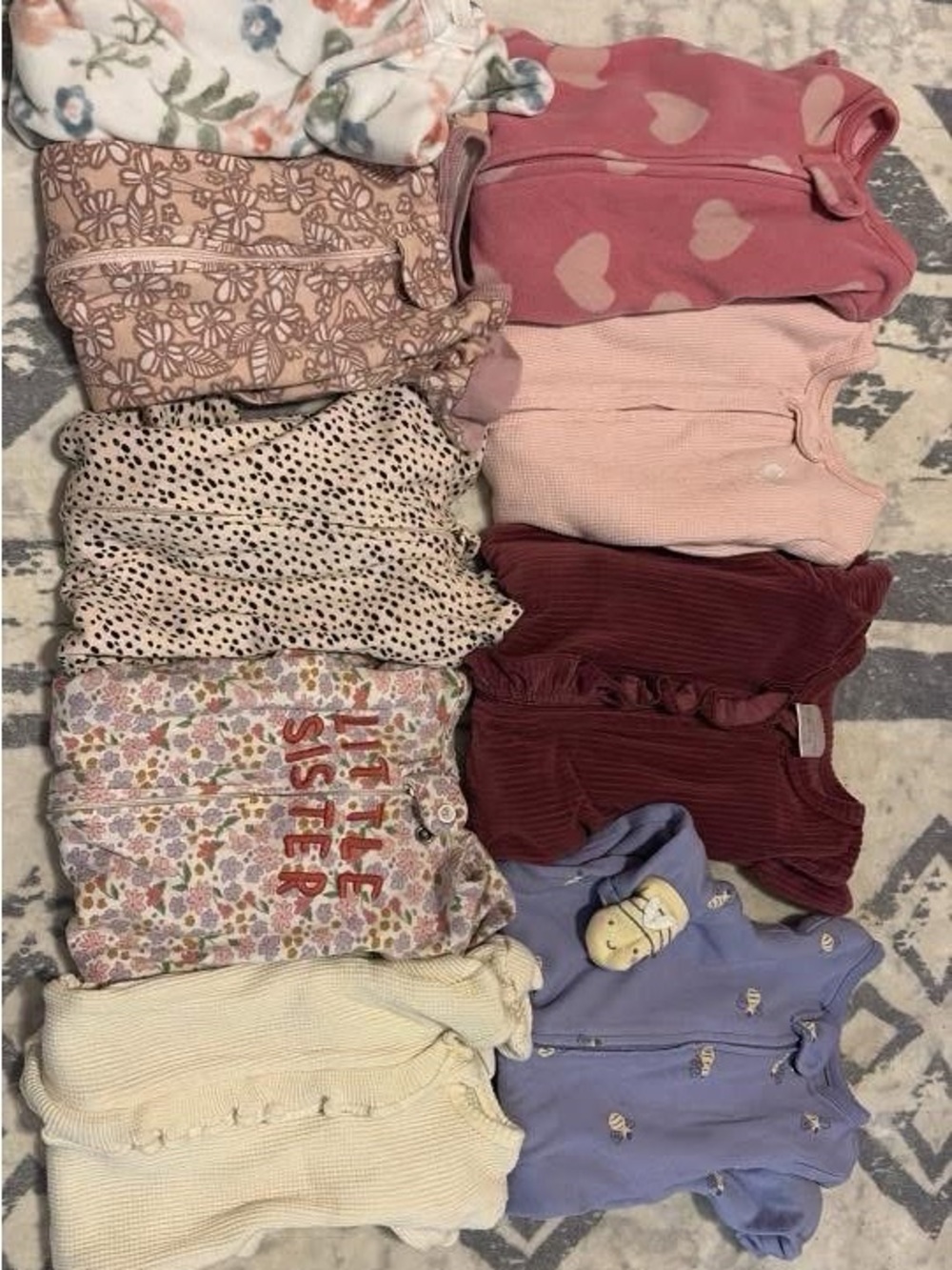 Lot of 9 Baby Girl Footed Sleepers - Pink, Mauve, Cream, Burgundy, Lavender